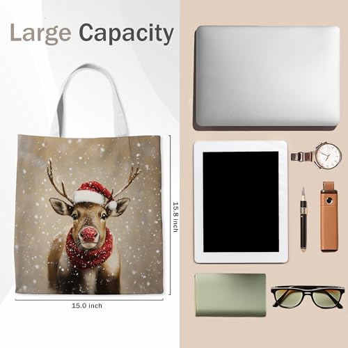 Reindeer Christmas Canvas Tote Bag for Women Holiday Gift Shopping & Travel