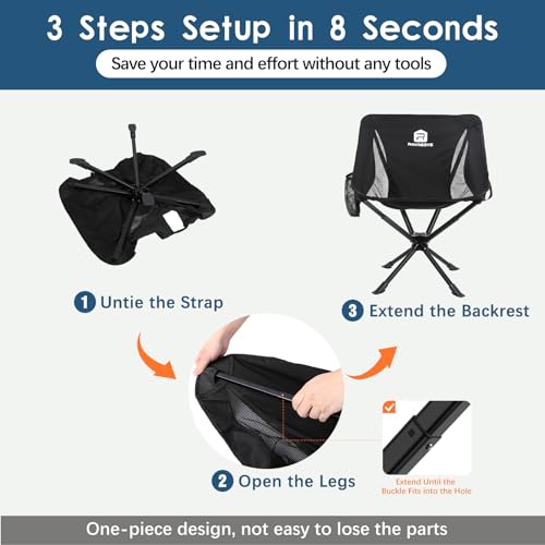 Portable Swivel Camping Chair, Lightweight Folding Chair for Hiking & Travel