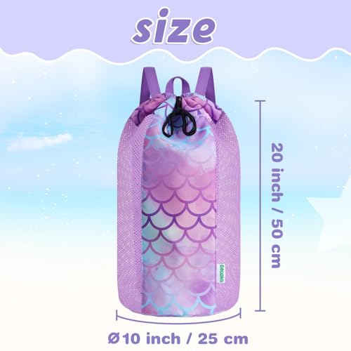 Mermaid Mesh Beach Bag for Kids, Large Drawstring Backpack for Toys & Shells