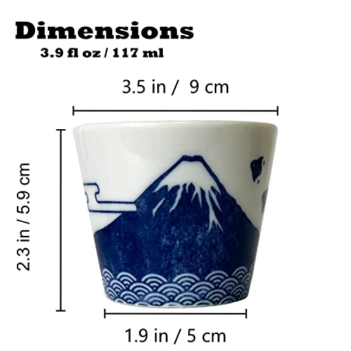 Japanese Sake Cups Set of 2 - Sakura & Mt. Fuji Indigo Pottery, 3.9 fl oz, Cold & Hot Drinkware, Gift Box