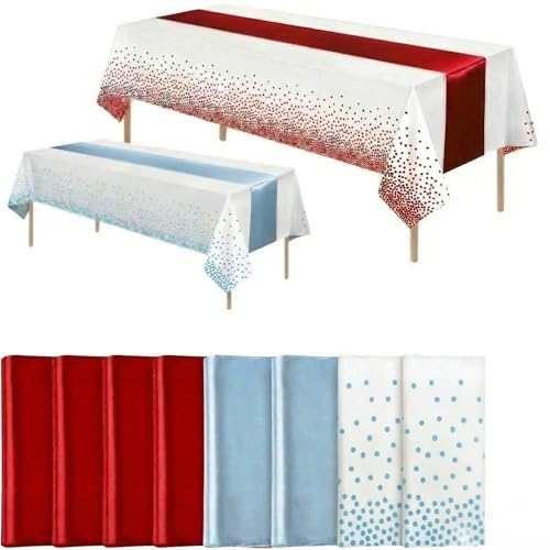 Idrese H 8-Pack Disposable Plastic Tablecloths and Satin Table Runner Set for Weddings & Parties