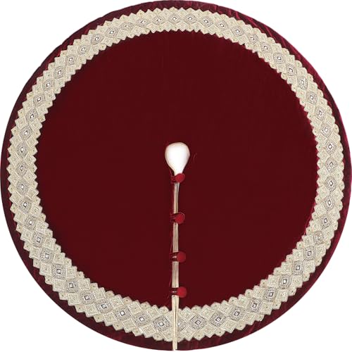 Soulchen 60-Inch Burgundy Velvet Christmas Tree Skirt with Gold Edge and Pearl Embellishments