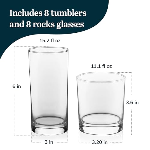 16-Piece Drinking Glass Set, Modern Tumbler and Rocks Glasses for Kitchen