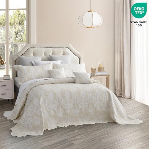 Oversized King Bedspread Set - Ivory Jacquard Matelasse, 5-Piece