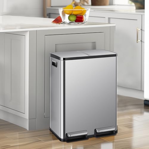 Dual Kitchen Trash Can 16-Gallon Stainless Steel Step Garbage Bin