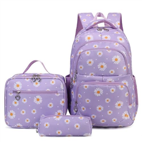 Girls Daisy Print Backpack 3-Piece Set with Insulated Lunch Box & Pencil Case