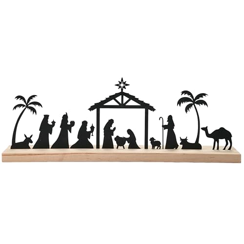 FESTGLOX Large Black Metal Nativity Scene Christmas Set with Wooden Base