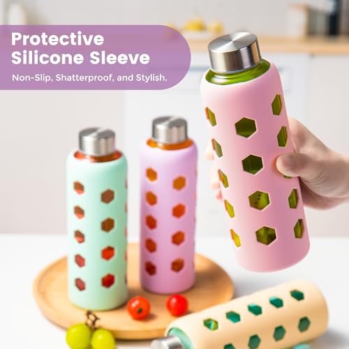 18 oz Glass Water Bottles with Silicone Sleeves and Lids, 4-Pack