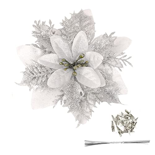 12-Pack 5.5-Inch Silver Glitter Poinsettia Christmas Tree Ornaments