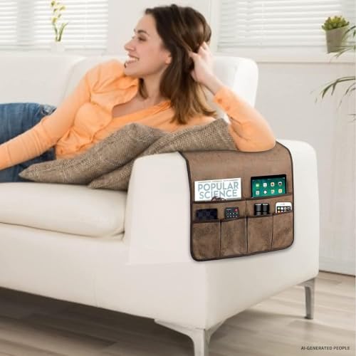 Faux Leather Sofa Armrest Organizer with 6 Pockets for Remote Control