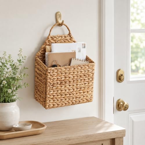 Woven Hanging Wall Basket - Flat Back Farmhouse Storage Organizer