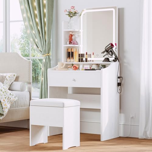 Compact Vanity Desk with Lighted Mirror, Charging Station and Stool