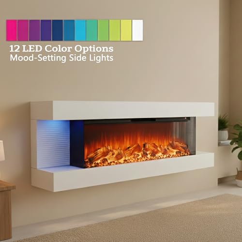 50-Inch 3-Sided Wall Mount Electric Fireplace with LED Lights and Heater