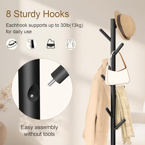Freestanding Wooden Coat Rack with 8 Hooks and Stable Square Base