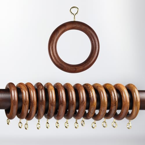 24-Piece Natural Rosewood Curtain Rings with Hooks, 1.25-Inch Inner Diameter