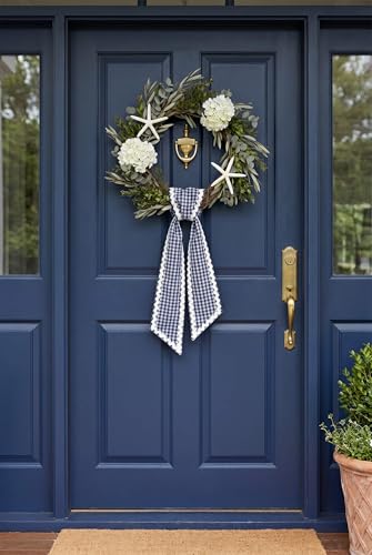 Navy Gingham Front Door Wreath Sash with Scalloped Ric Rac Trim, 4.5 x 56"