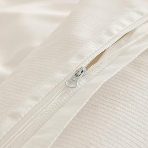 100% Cotton Jacquard Duvet Cover Queen Set, 90x90 Inch, White Striped