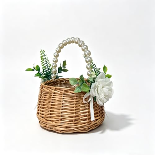 Handwoven Rattan Flower Girl Basket with Pearl Handle and Bow Decoration