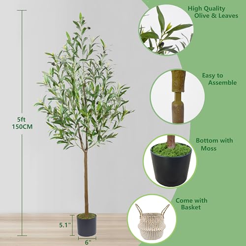 5ft Artificial Olive Tree with Woven Basket - Faux Indoor/Outdoor Plant