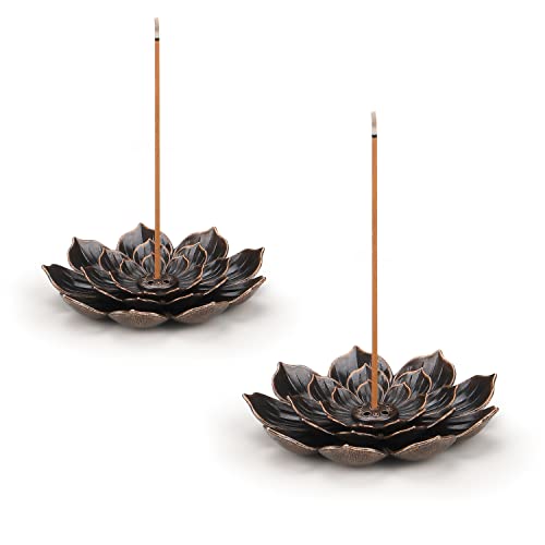 Lotus Incense Stick Holder - Zinc Alloy Burner with Ash Catcher, 2 Pack
