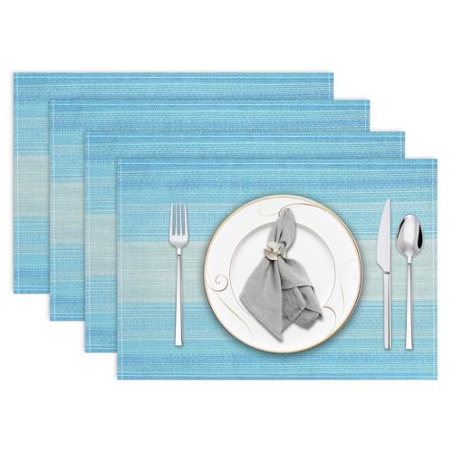 Washable Linen Placemats Set of 4 - 12" x 18" Blue Farmhouse Table Mats