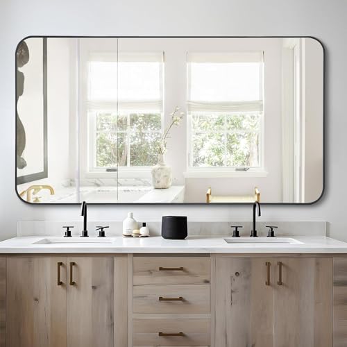 30x60 Inch Large Rectangular Wall Mirror, Black Metal Framed Bathroom Mirror