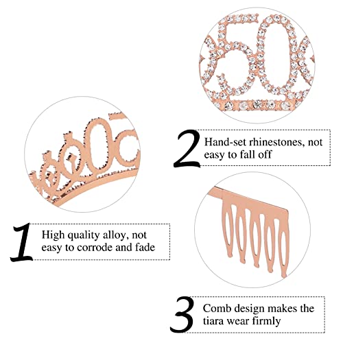 50th Birthday Decorations for Women - Rose Gold Sash and Rhinestone Crown Kit