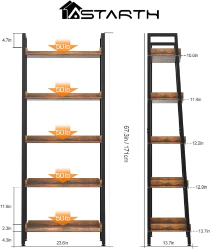 5-Tier Industrial Ladder Shelf - 67 Inch Tall Wooden Open Bookcase