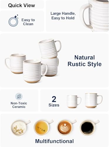 LE TAUCI Ceramic Coffee Mugs Set of 4 - 18 oz Farmhouse White Drinkware