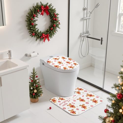 Christmas Shower Curtain Set Gingerbread Bath Decor 4pcs Waterproof Holiday