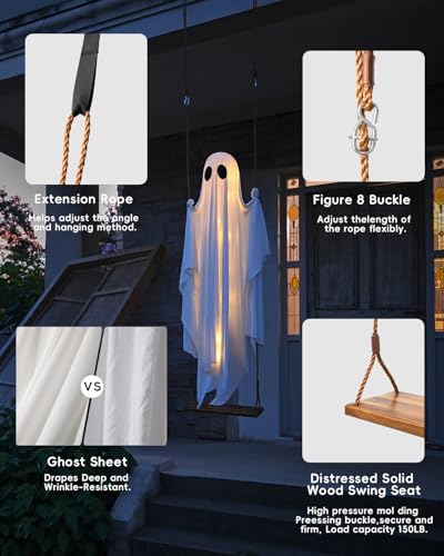 Outdoor Hanging Swing Ghost Halloween Decor with Remote LED Lights