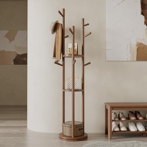 Solid Wood Rotating Coat Rack with 3 Shelves and 9 Hooks, Walnut