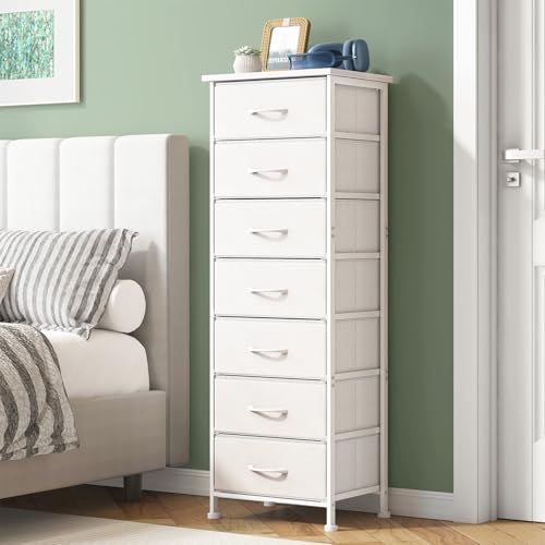 Fixwal Tall Narrow White Fabric Dresser with 7 Drawers - 11.8"D x 15.7"W x 47.2"H Storage Organizer