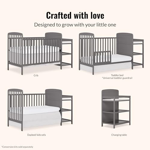 3-in-1 Convertible Baby Crib and Changing Table with Storage, Steel Grey