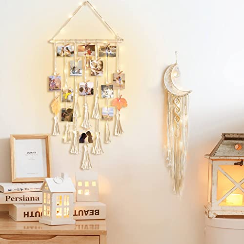 Macrame Hanging Photo Display with Moon Dream Catcher and LED Fairy Lights