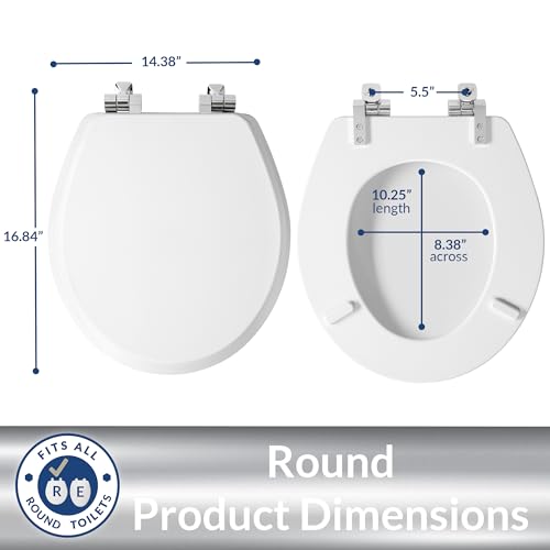 Slow Close Round Toilet Seat with Chrome Hinges, Enameled Wood, White