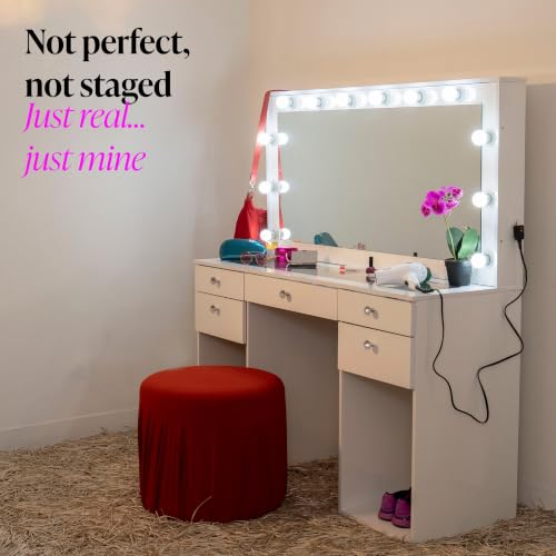 Large Vanity Desk with Framed Bulb Mirror and 5 Drawers