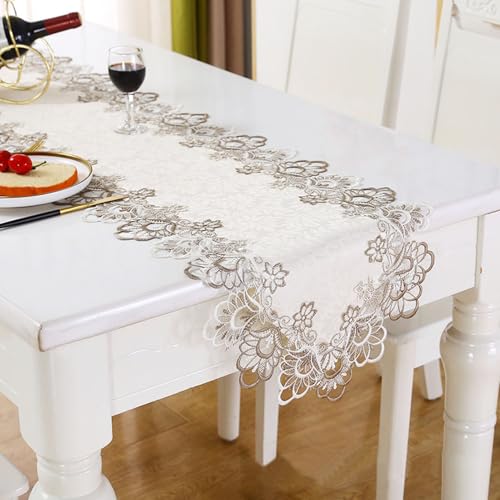 LeLehome 69 Inch Embroidery Lace Table Runner - Elegant Jacquard Floral Dresser Scarf for Dining & Wedding