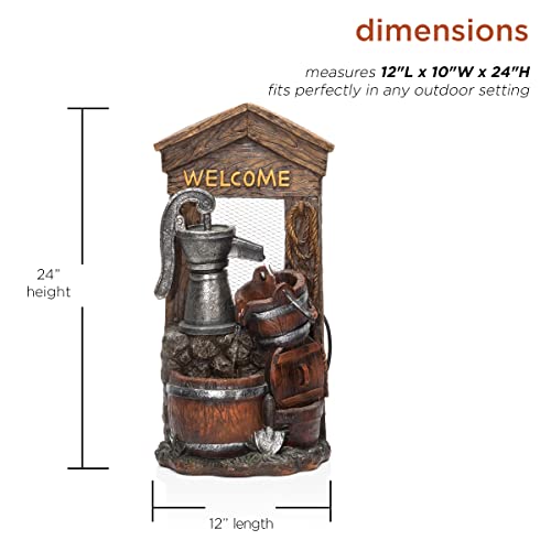24-Inch Rustic Barrel Floor Fountain with Welcome Sign - Indoor Outdoor