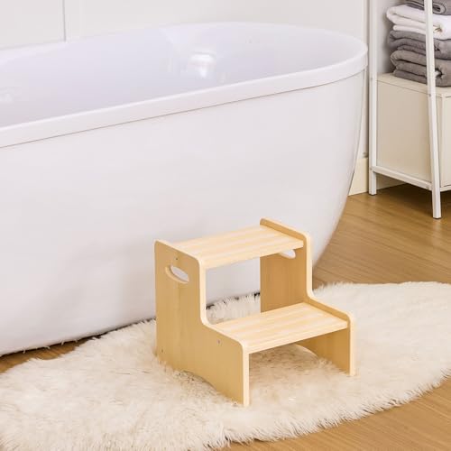 Wooden Two-Step Stool for Toddlers with Non-Slip Pads & Handles