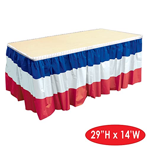 Beistle 3-Pack Plastic Patriotic Table Skirts, Red, White, & Blue, Fourth of July & Memorial Day Party Supplies, France Themed Party Decor, 29" x 14'