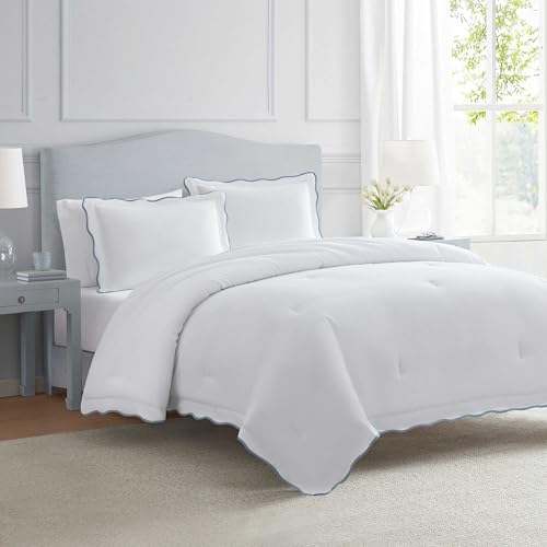 Queen Duvet Cover Set 100% Cotton Percale Reversible Bedding - Scallop Blue
