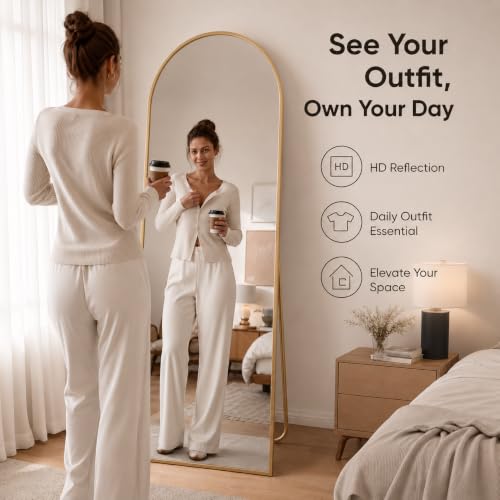 Arched Full Length Floor Mirror, 59" x 16" Gold Aluminum Body Mirror