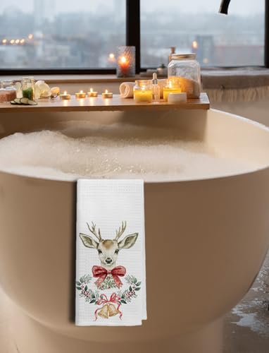 GDJIEGBC Christmas Deer Kitchen Towels Set - Red Bow & Reindeer Pattern, 16x24 Inch, Vari-03
