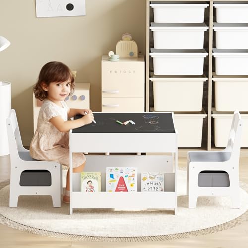 Kids Wooden Activity Table and 2 Chairs Set with Storage and Blackboard
