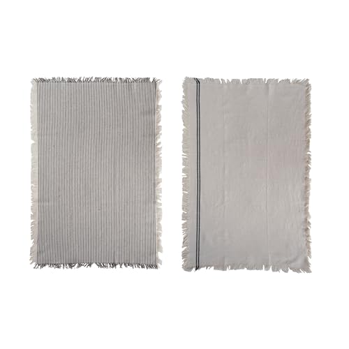 Large Woven Cotton Tea Towel with Stripes and Fringe Design for Kitchen, Natural and Black, Set of 2