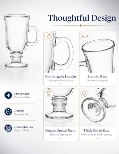 Set of 6 Irish Coffee Glass Mugs with Handle, 8.5 Oz Heat-Resistant Clear Glass