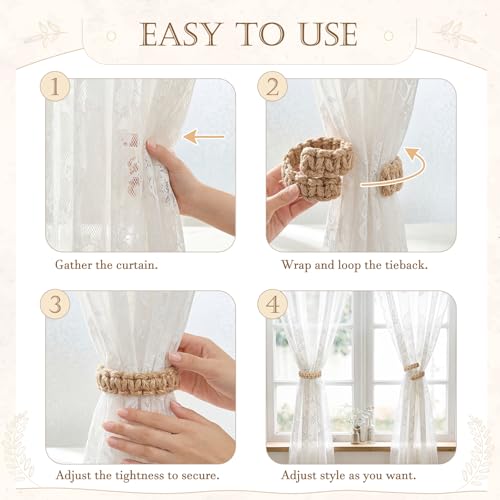 Braided Boho Curtain Tiebacks, 4 Pack Adjustable Jute Holdbacks