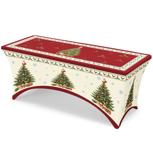 Red Christmas Tree Stretch Table Cover for 6ft Tables - Snowflake Design