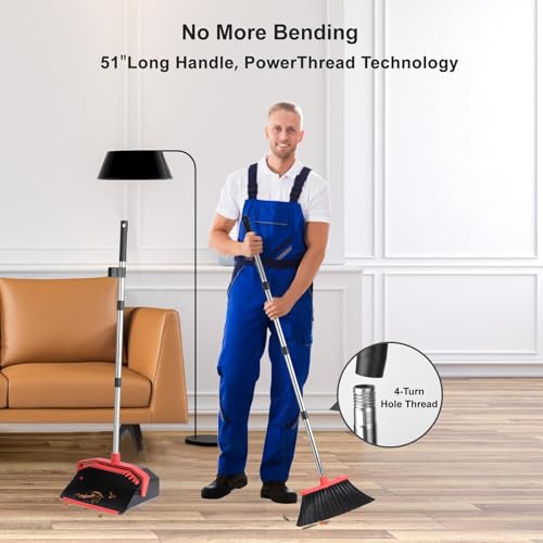 Broom and Dustpan Set with 51" Long Handle & Self-Cleaning Teeth